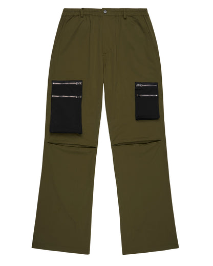Olive green cargo pants with black zippered flap pockets on the upper legs, displayed flat against a white background.